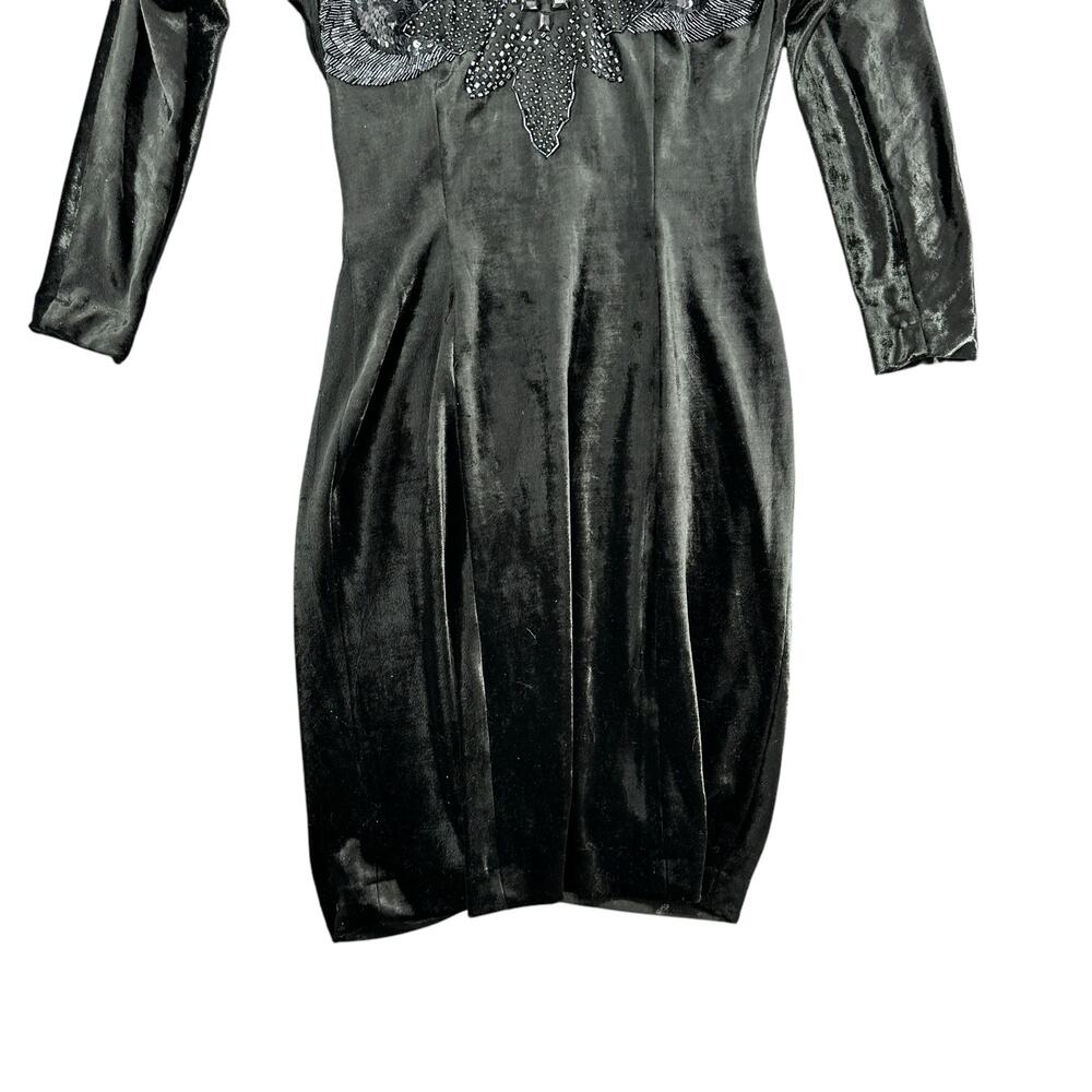 Orlando Rossi Vintage Black Velvet Midi Dress Beaded Sculpted Neck Small 90s - Picture 3 of 7